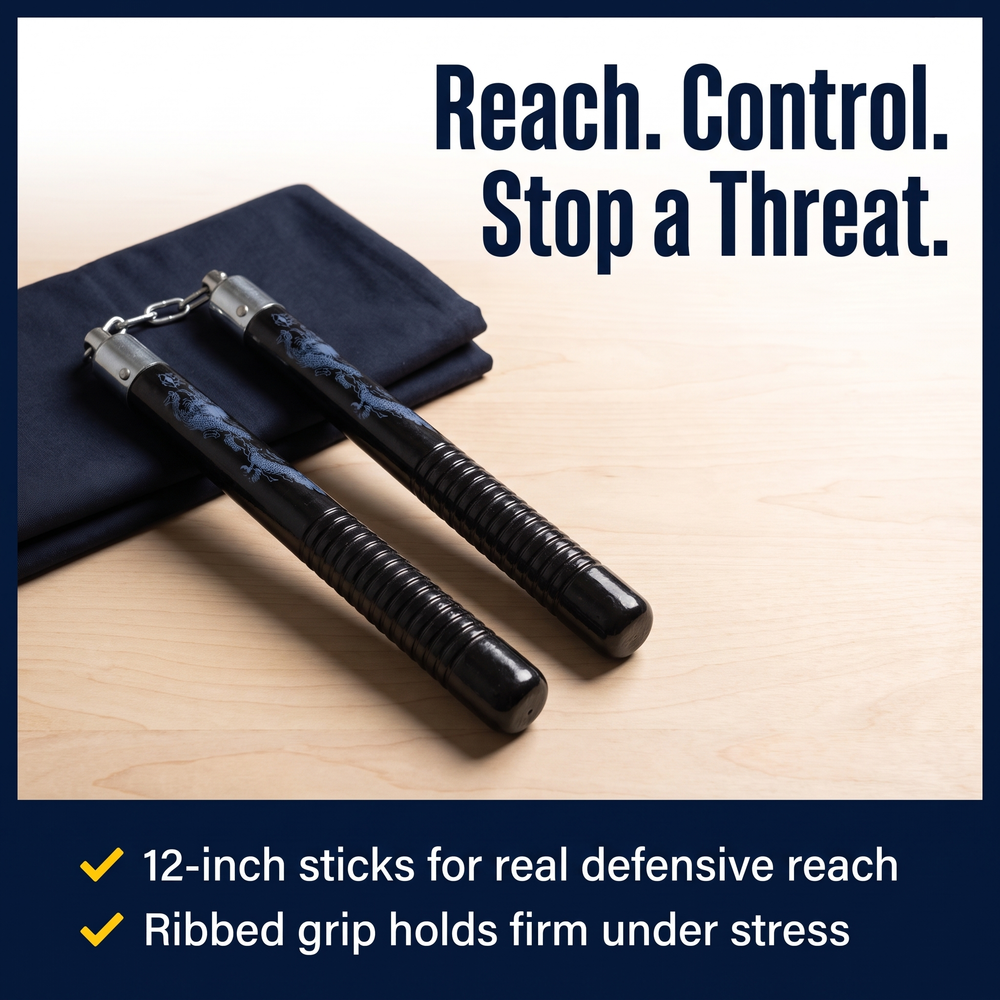 black-wood-self-defense-nunchucks-with-blue-dragon-design-12 Reach. Control. Stop a Threat.