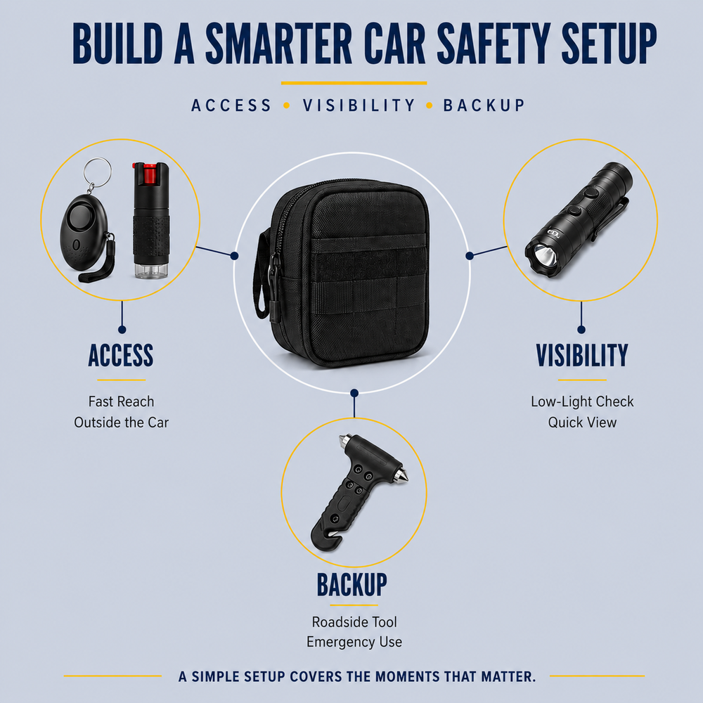 Car safety setup infographic showing access, visibility, and backup tools for drivers.
