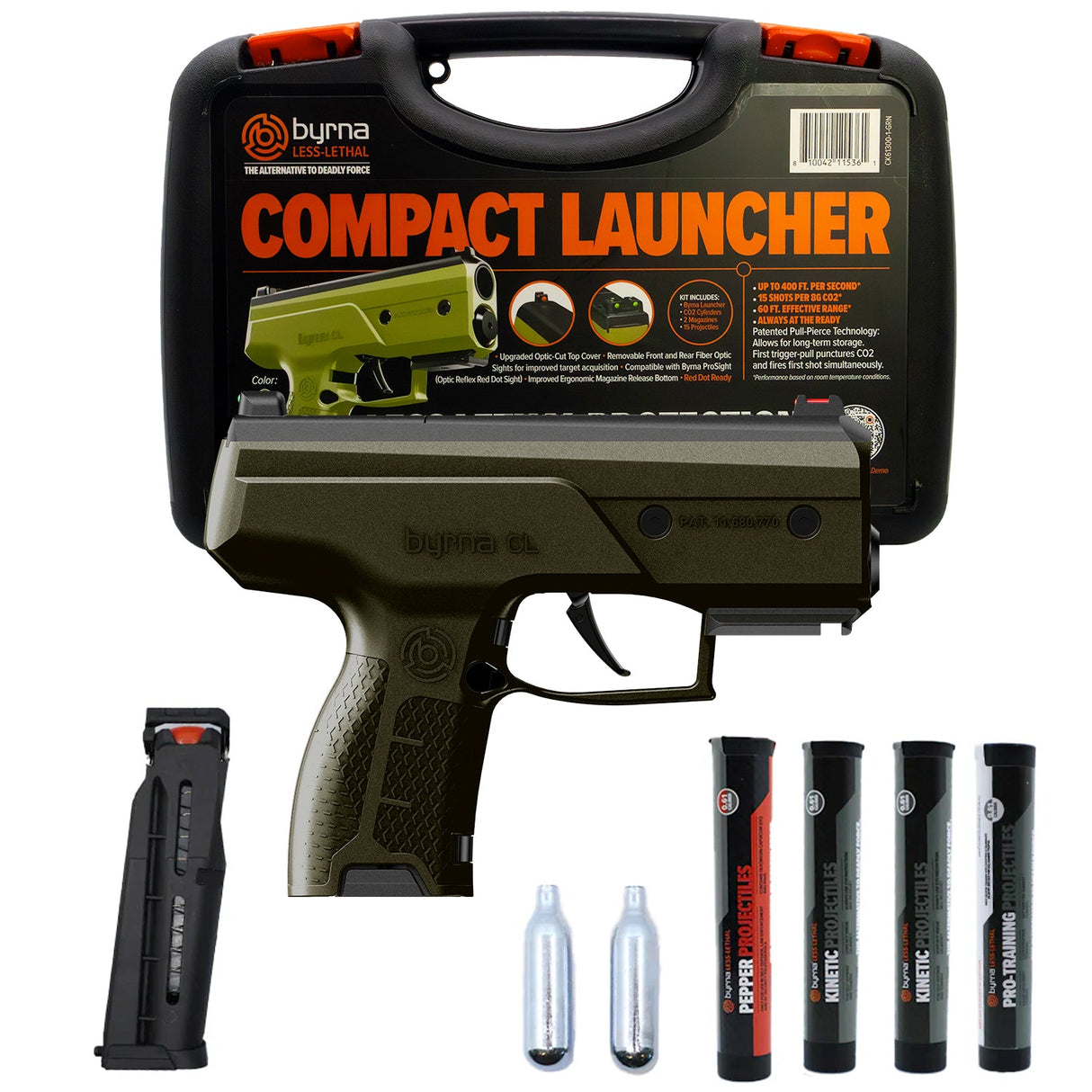 Byrna CL green self-defense launcher bundle image with pepper projectiles, kinetic projectiles, CO2 cartridges, and one magazine clip