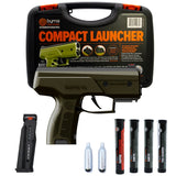 Byrna CL green self-defense launcher bundle image with pepper projectiles, kinetic projectiles, CO2 cartridges, and one magazine clip