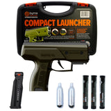 Byrna CL green self-defense launcher california legal bundle image with kinetic projectiles, CO2 cartridges, and one magazine clip