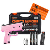 Byrna CL pink self-defense launcher california legal bundle image with kinetic projectiles, CO2 cartridges, and one magazine clip