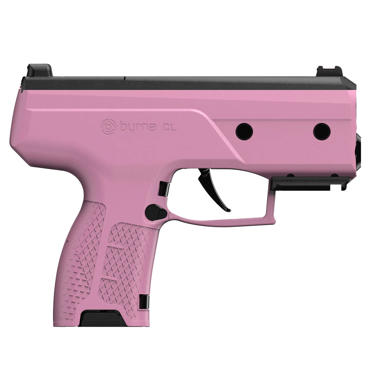 Close-up of pink Byrna CL self-defense launcher with ergonomic grip and trigger