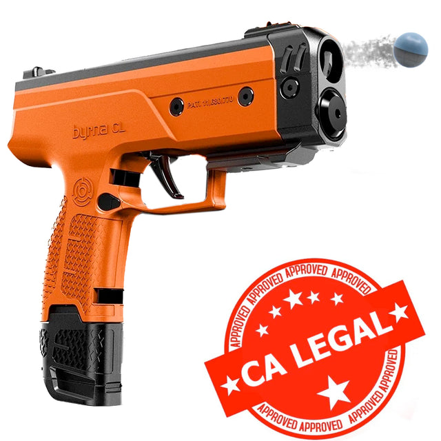 orange byrna cl-xl launcher shooting kinetic projectile, CA legal badge