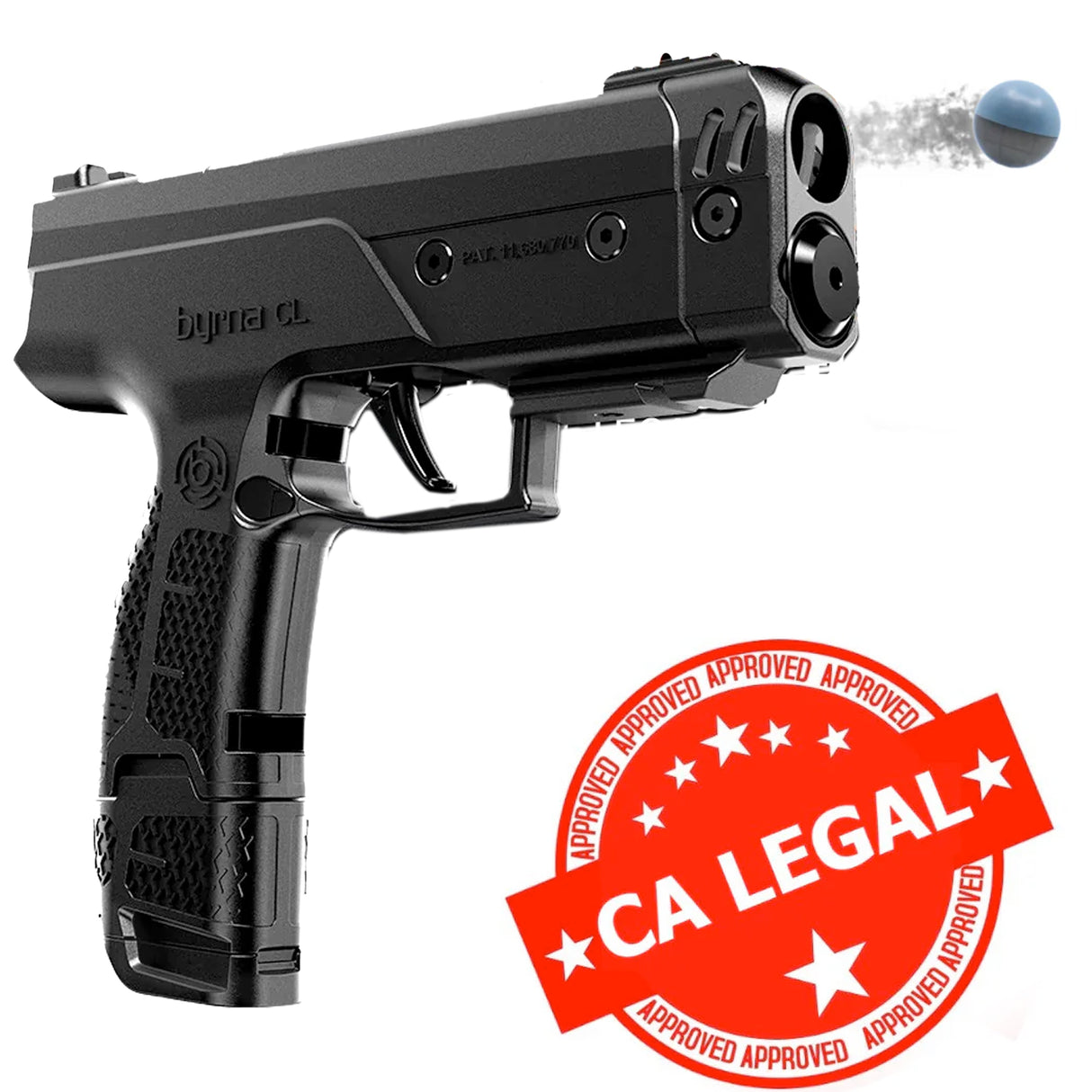 black byrna cl-xl launcher shooting kinetic projectile, CA legal badge
