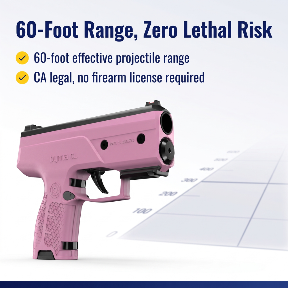 byrna®-cl-kinetic-non-lethal-ca-legal-projectile-gun-bundle-pink 60-Foot Range, Zero Lethal Risk