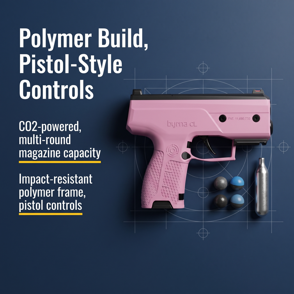 byrna®-cl-kinetic-non-lethal-ca-legal-projectile-gun-bundle-pink Polymer Build, Pistol-Style Controls