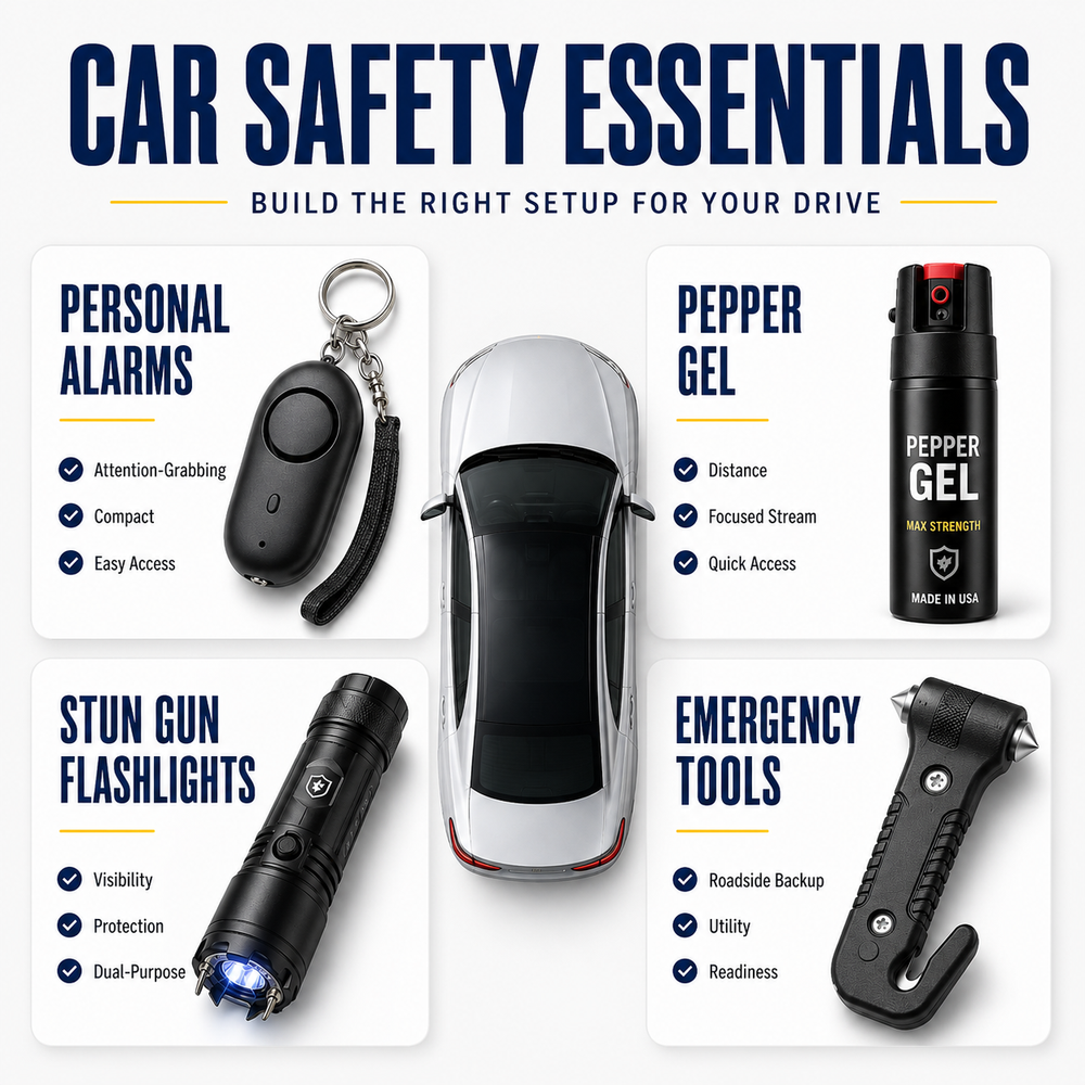 Car safety essentials guide showing personal alarms, pepper gel, stun gun flashlights, and emergency tools for drivers.