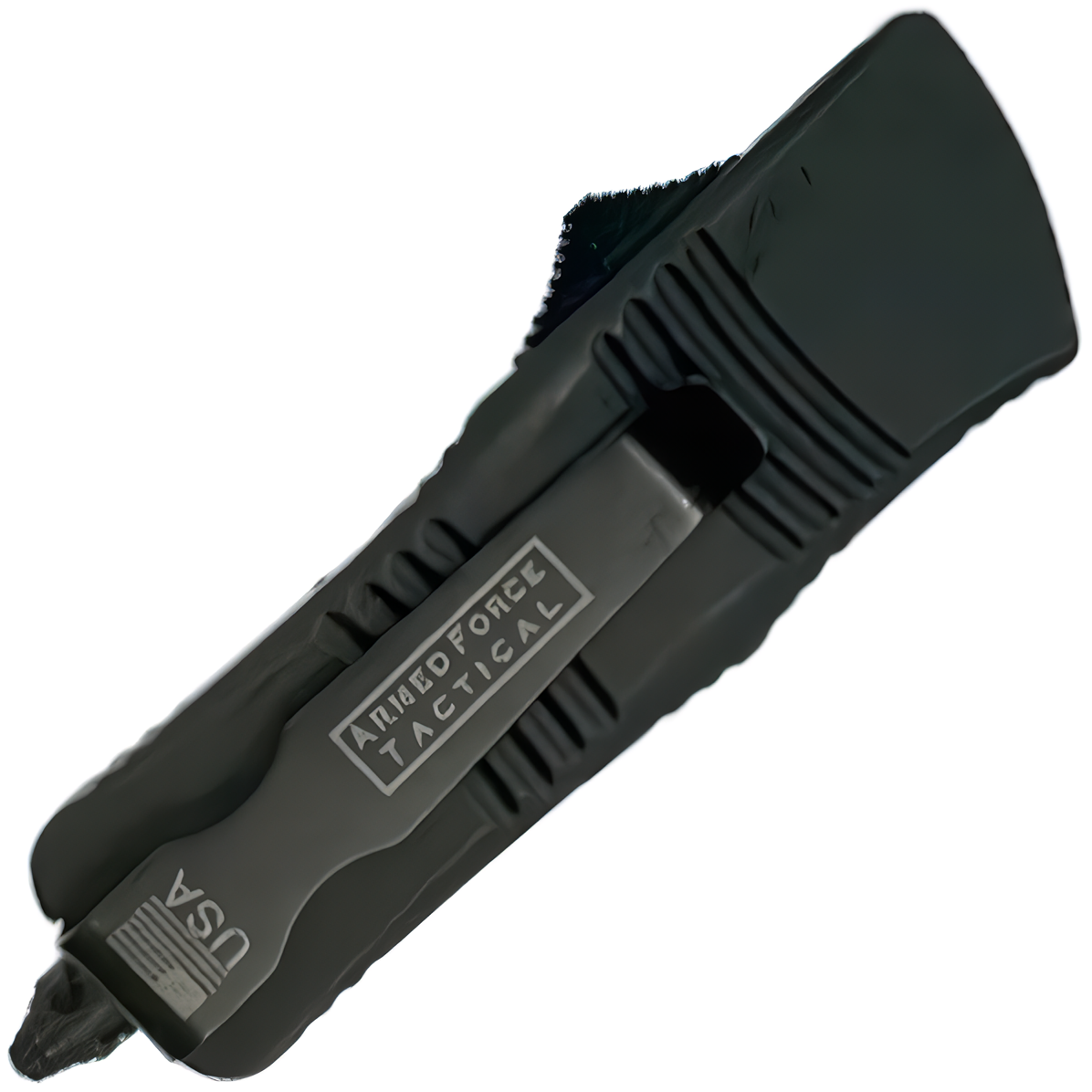 A closed black 1.75" Armed Force Tactical Mini Automatic OTF Half Serrated Dagger Knife with metal clip showing
