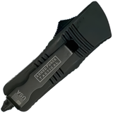 A closed black 1.75" Armed Force Tactical Mini Automatic OTF Half Serrated Dagger Knife with metal clip showing