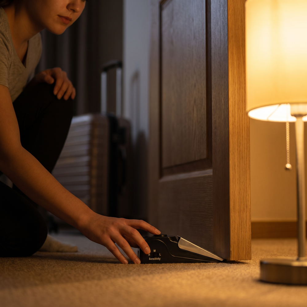 College student placing a portable door wedge alarm beneath a dorm room door for added security