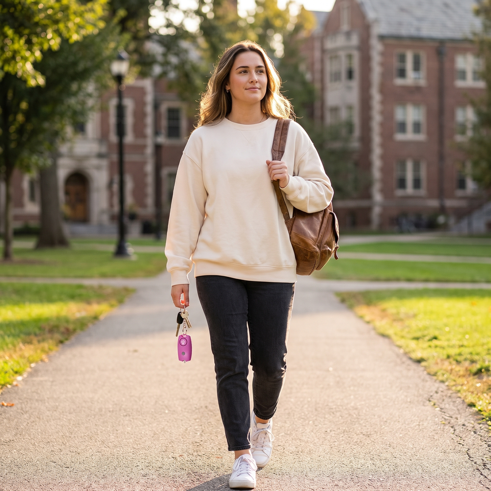 College student walking across campus while carrying a pink personal safety alarm on her keychain