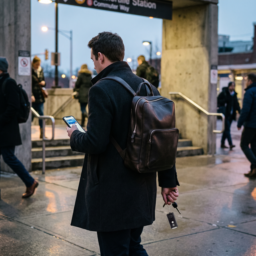 Male commuter checking his phone outside a train station while holding keys with a personal safety alarm