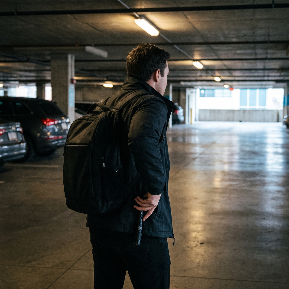 Male commuter carrying a backpack and compact stun flashlight while walking through a parking garage