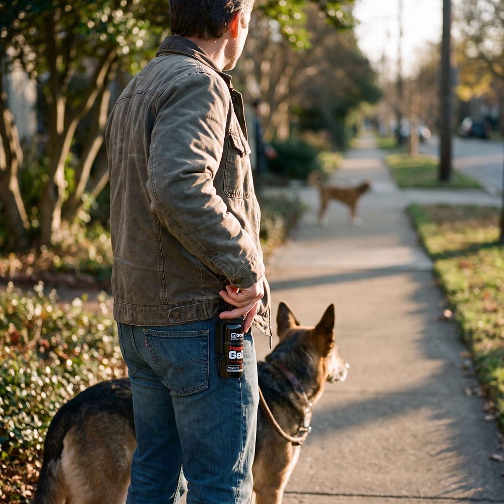 Dog walker holding Mace pepper gel while watching an unfamiliar dog approach on a neighborhood sidewalk