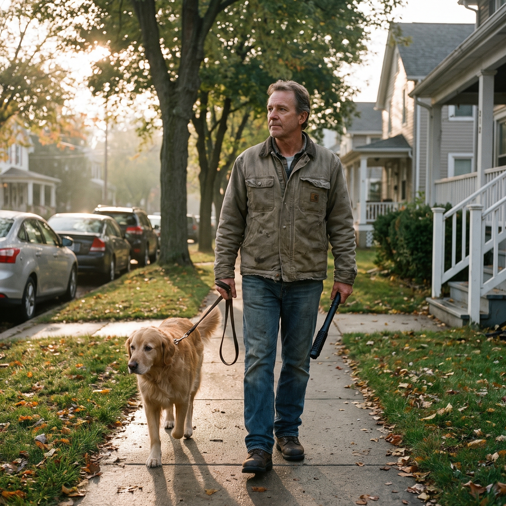 Man walking a golden retriever through a residential neighborhood while carrying a compact stun baton