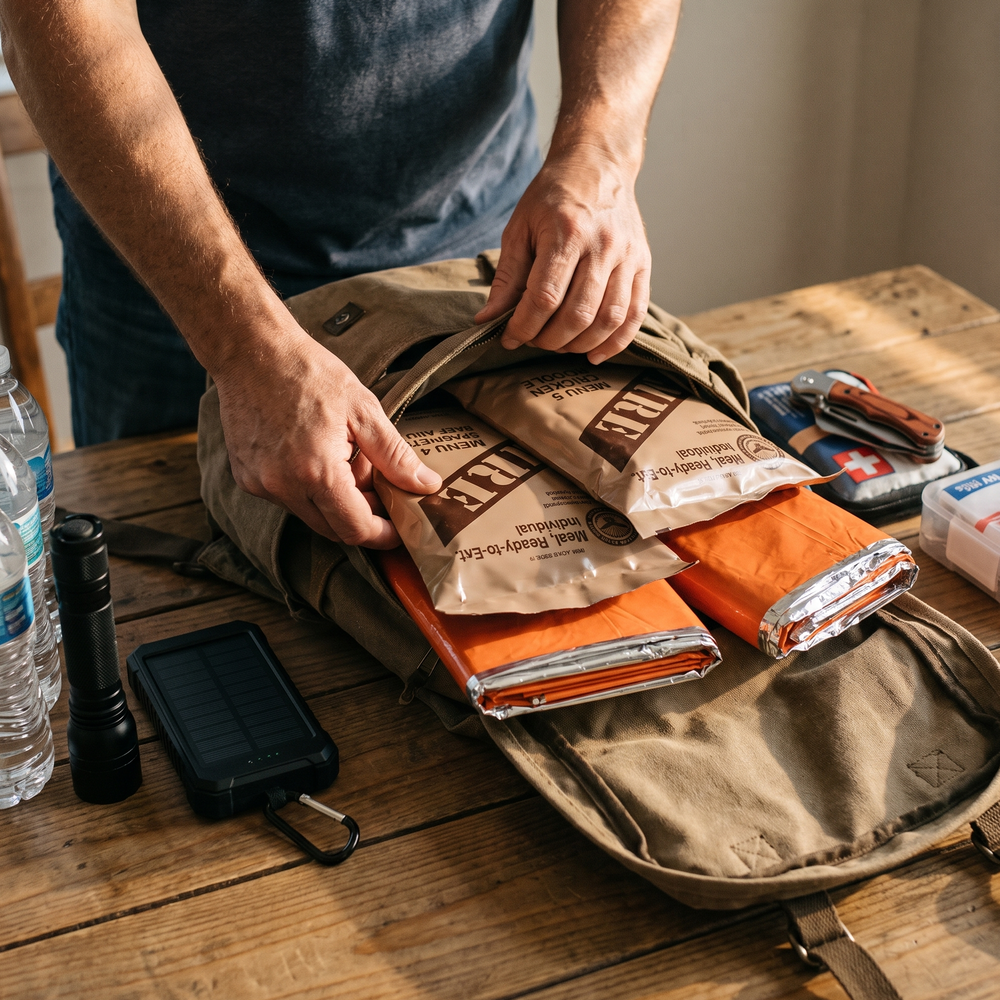 Man packing MRE meals, thermal survival blankets, a solar power bank, flashlight, first aid kit, and bottled water into an emergency backpack