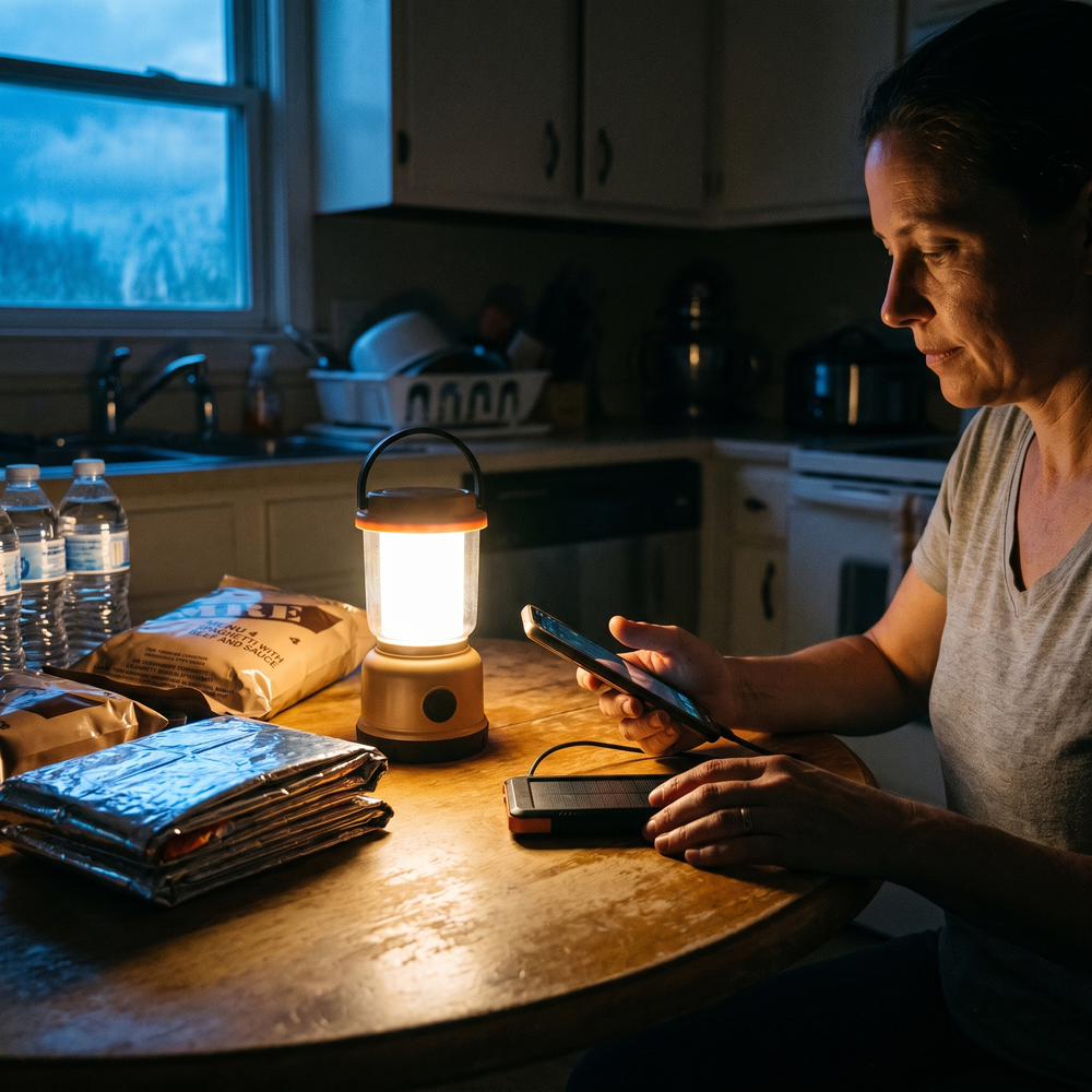 Woman charging a phone with a portable power bank beside MRE meals, bottled water, thermal blankets, and a lantern during a home power outage