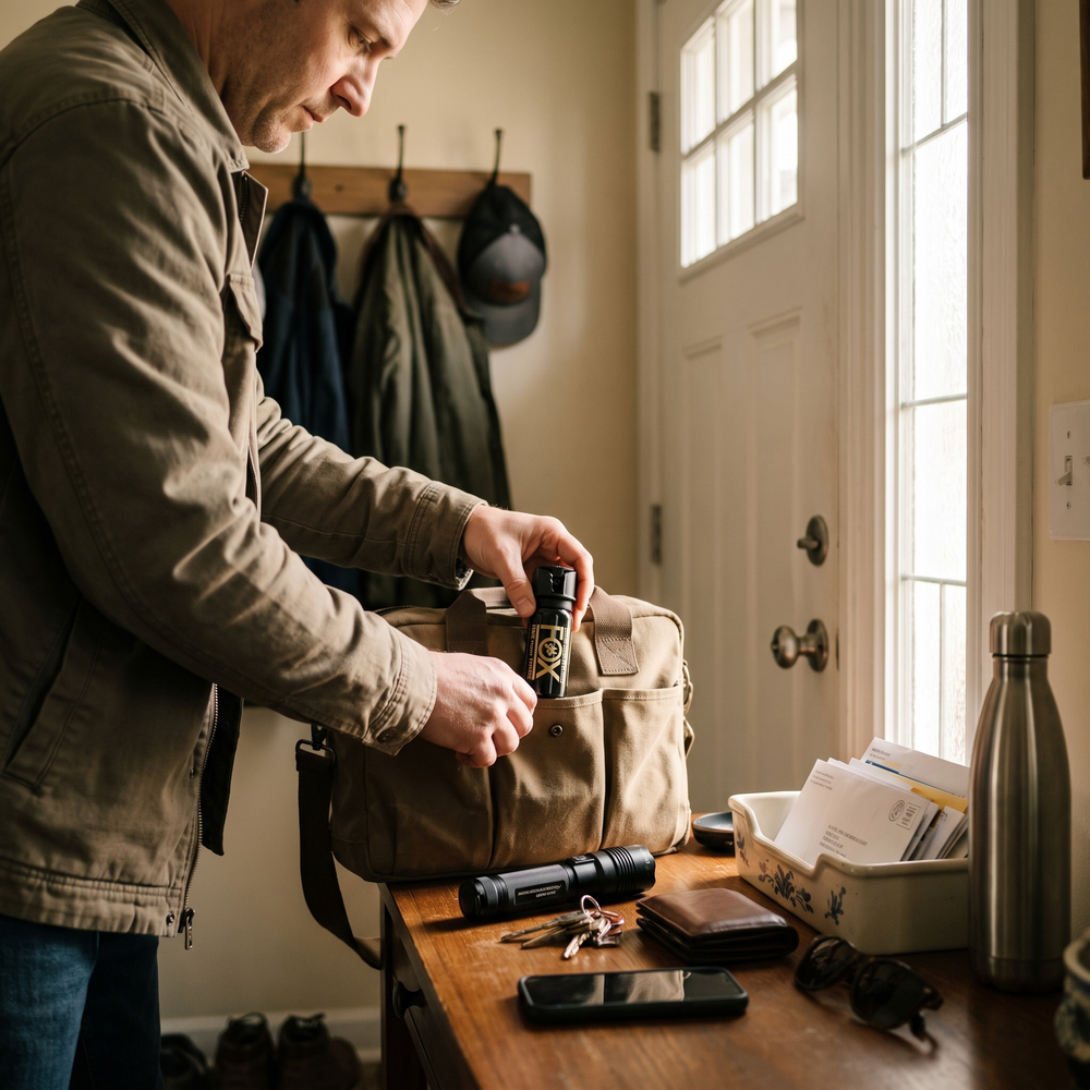 Man placing pepper spray into the exterior pocket of a work bag beside a stun flashlight, keys, wallet, and phone