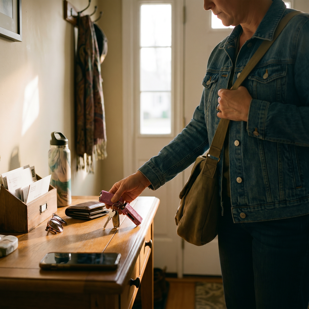Woman picking up keys with compact personal safety devices from an entryway table before leaving home