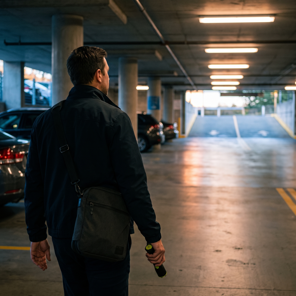 Male commuter carrying a compact stun device while walking through a parking garage with a crossbody work bag
