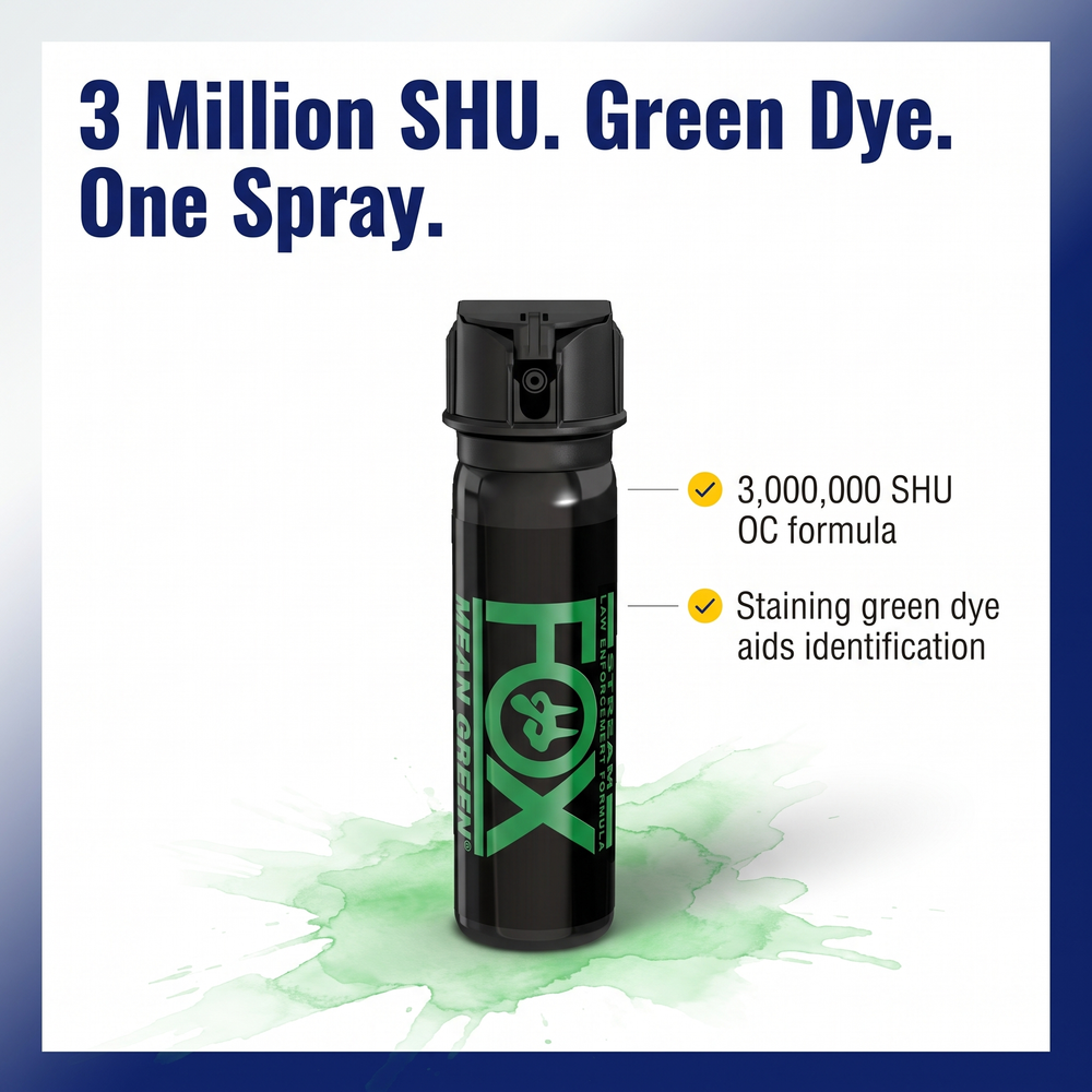 fox-labs-mean-green-3m-shu-pepper-spray-3-oz-stream 3 Million SHU. Green Dye. One Spray.