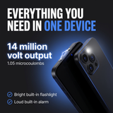 Promotional graphic for a black built-in alarm phone case with a built-in flashlight, featuring text that reads 'EVERYTHING YOU NEED IN ONE DEVICE', '14 million volt output', and 'Bright built-in flashlight' and 'Loud built-in alarm' on a dark blue background.