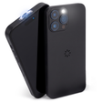 A black magnetic smartphone case shown from two angles on a white background, with one case standing upright and the other leaning against it. The upright case shows a circular logo near the bottom and a small light indicator near the top left.