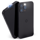 A black magnetic smartphone case shown from two angles on a white background, with one case standing upright and the other leaning against it. The upright case shows a circular logo near the bottom and a small light indicator near the top left.