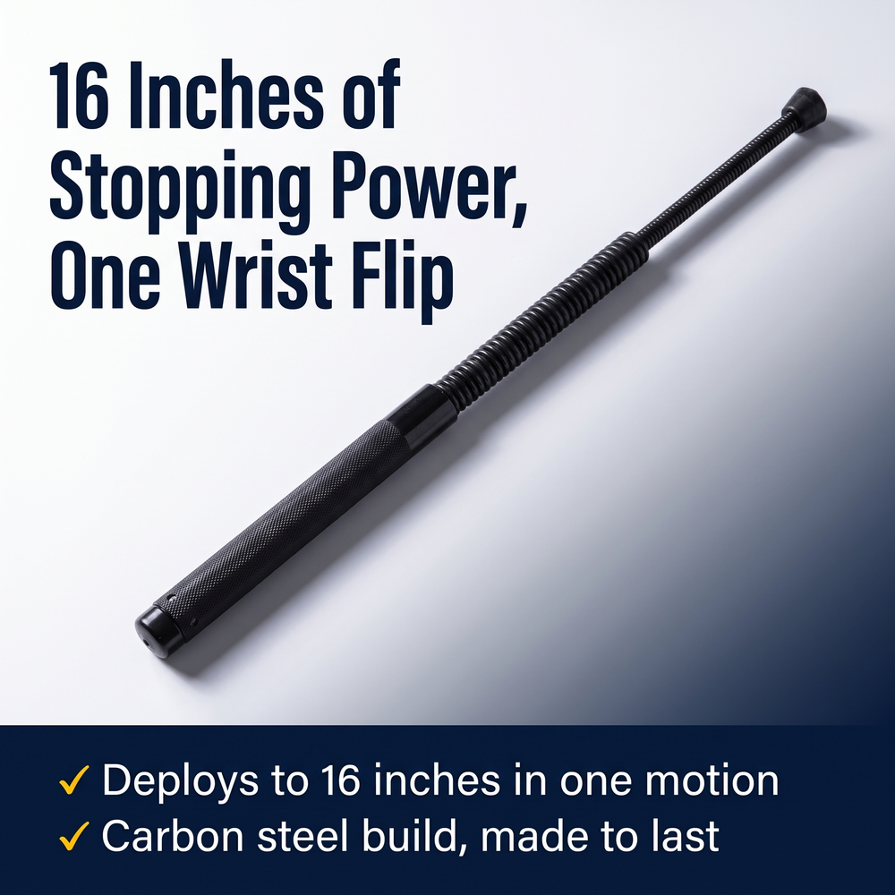 fury-tactical-expandable-carbon-steel-spring-coil-baton-16 16 Inches of Stopping Power, One Wrist Flip