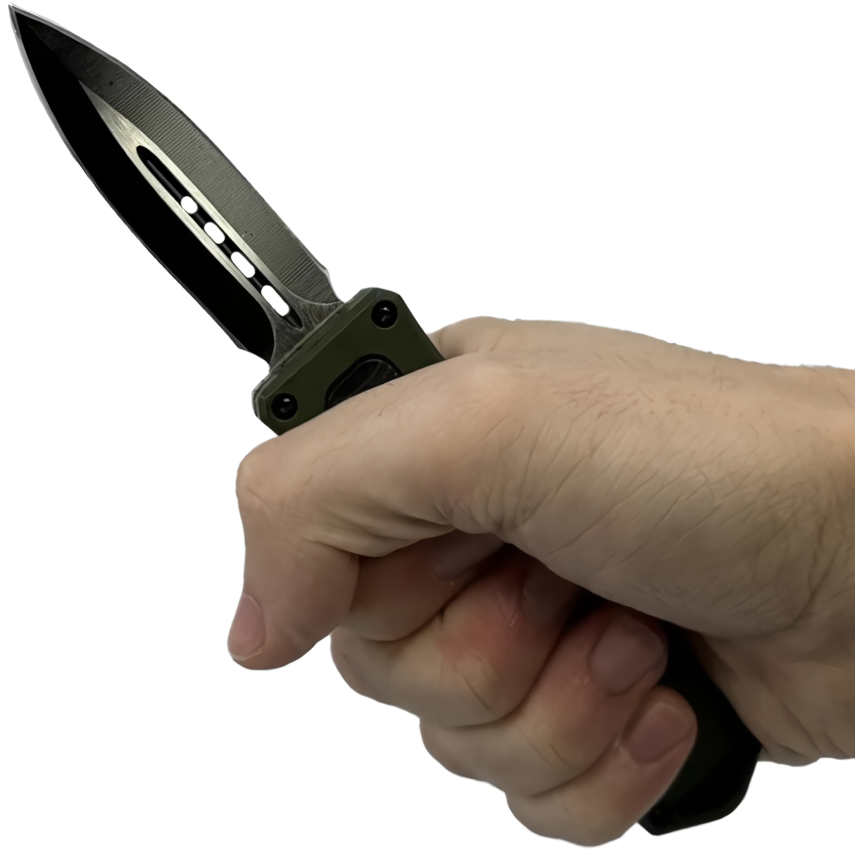 A hand holding an open green 3" Armed Force Tactical Mini Automatic OTF Dagger Pocket Knife
