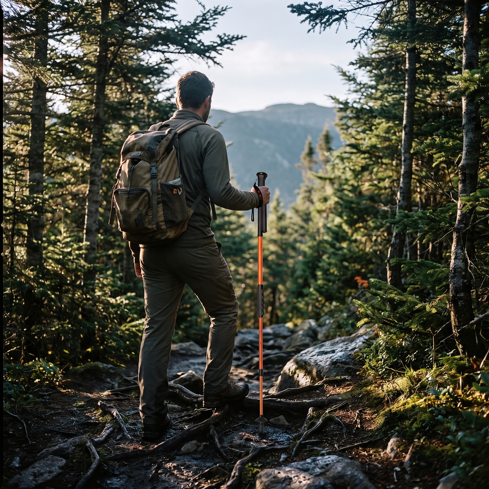 Solo hiker using a protective stun hiking staff on a rocky mountain trail surrounded by dense forest