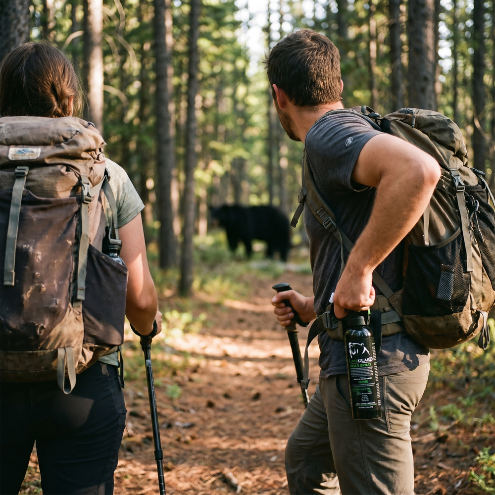 Two hikers carrying bear spray in a quick-access holster while watching a bear farther ahead on a forest trail