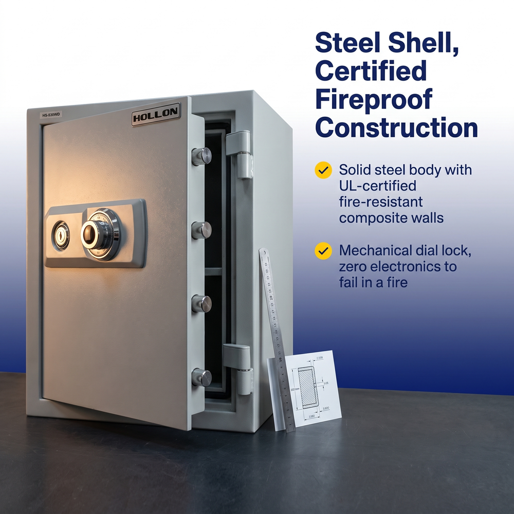 hollon-hs-530d-fireproof-dial-lock-home-safe Steel Shell, Certified Fireproof Construction