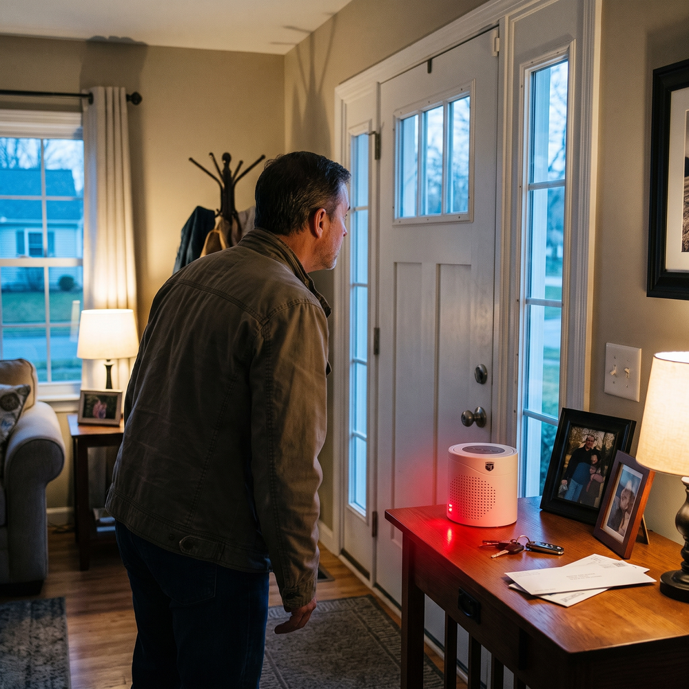Homeowner responding to an activated motion-detection security device with a red alert light near the front door