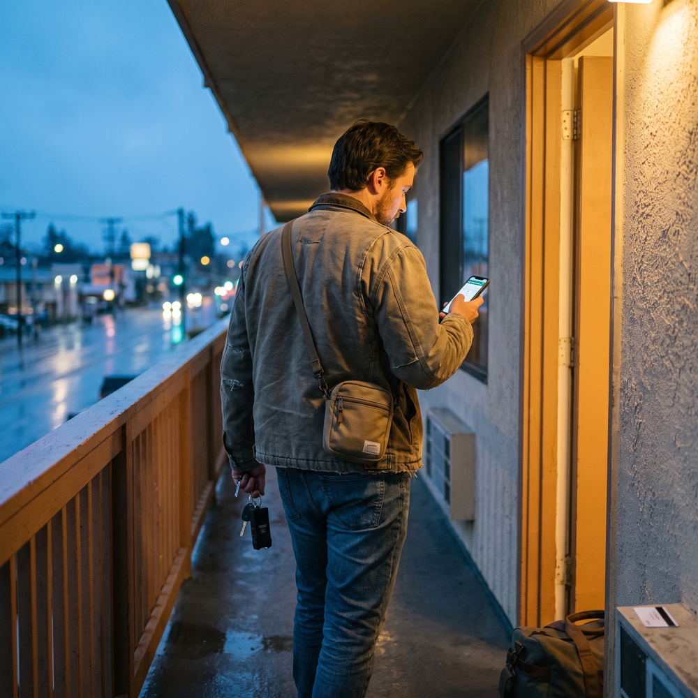 Traveler checking his phone outside a hotel room while holding keys with a compact personal safety device