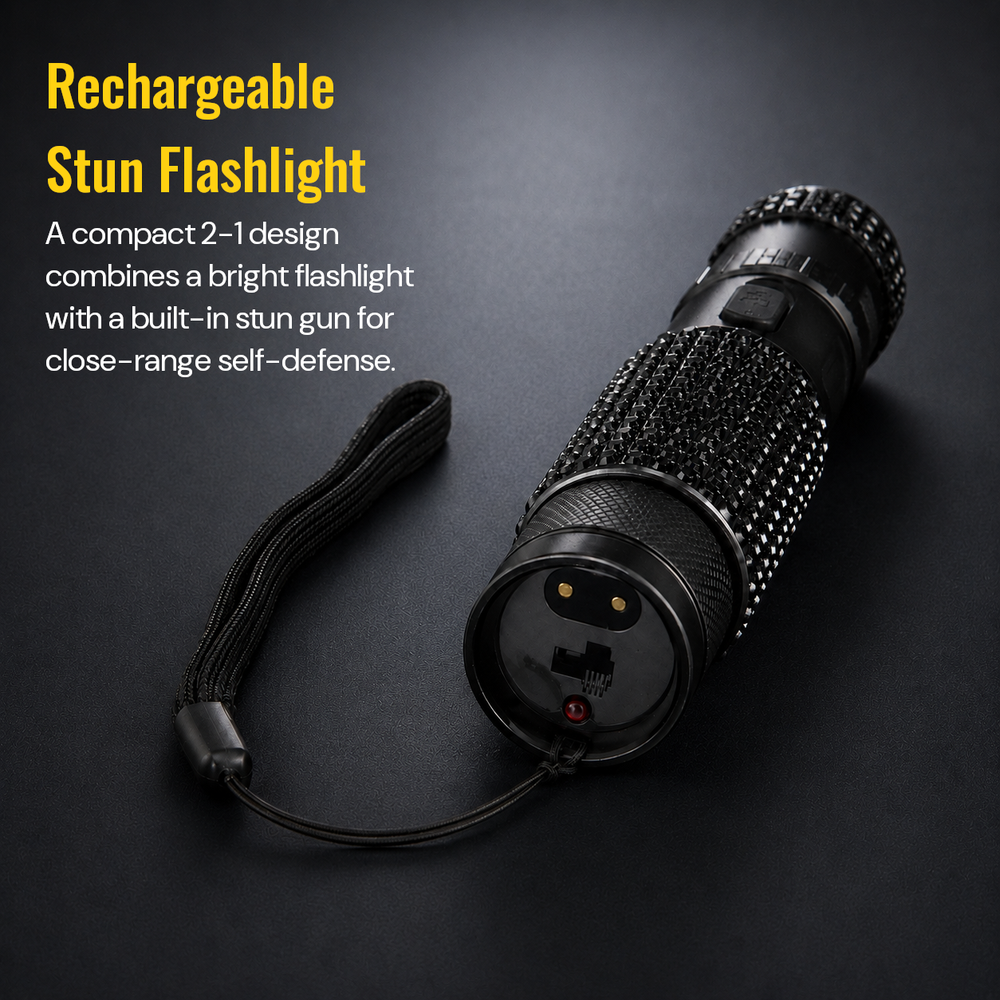 JOLT RhineStun rechargeable stun flashlight showing charging port, gold charging contacts, and wrist strap