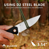 A hand holds a Klaken folding knife with a D2 steel blade, shown with a green paracord rope wrapped around the blade. The background is a blurred outdoor forest setting.