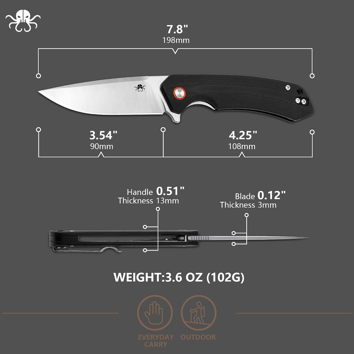 A product dimension diagram of a folding pocket knife on a dark gray background, showing the full knife length, handle thickness, blade thickness, and weight. The knife has a silver blade and a black handle with a small red and white logo.