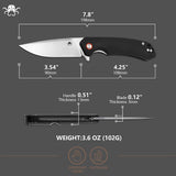 A product dimension diagram of a folding pocket knife on a dark gray background, showing the full knife length, handle thickness, blade thickness, and weight. The knife has a silver blade and a black handle with a small red and white logo.
