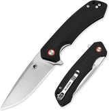 A folding pocket knife shown open and closed on a clean white background. The knife features a textured black G10 handle, a satin-finished silver blade, and a silver clip point.
