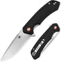 A folding pocket knife shown open and closed on a clean white background. The knife features a textured black G10 handle, a satin-finished silver blade, and a silver clip point.