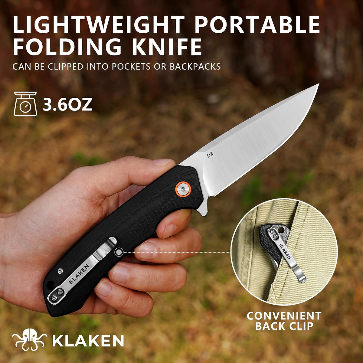 A hand holds a Klaken lightweight folding pocket knife with a silver blade and black handle. The image includes marketing text reading 'Lightweight Portable Folding Knife' and '3.
