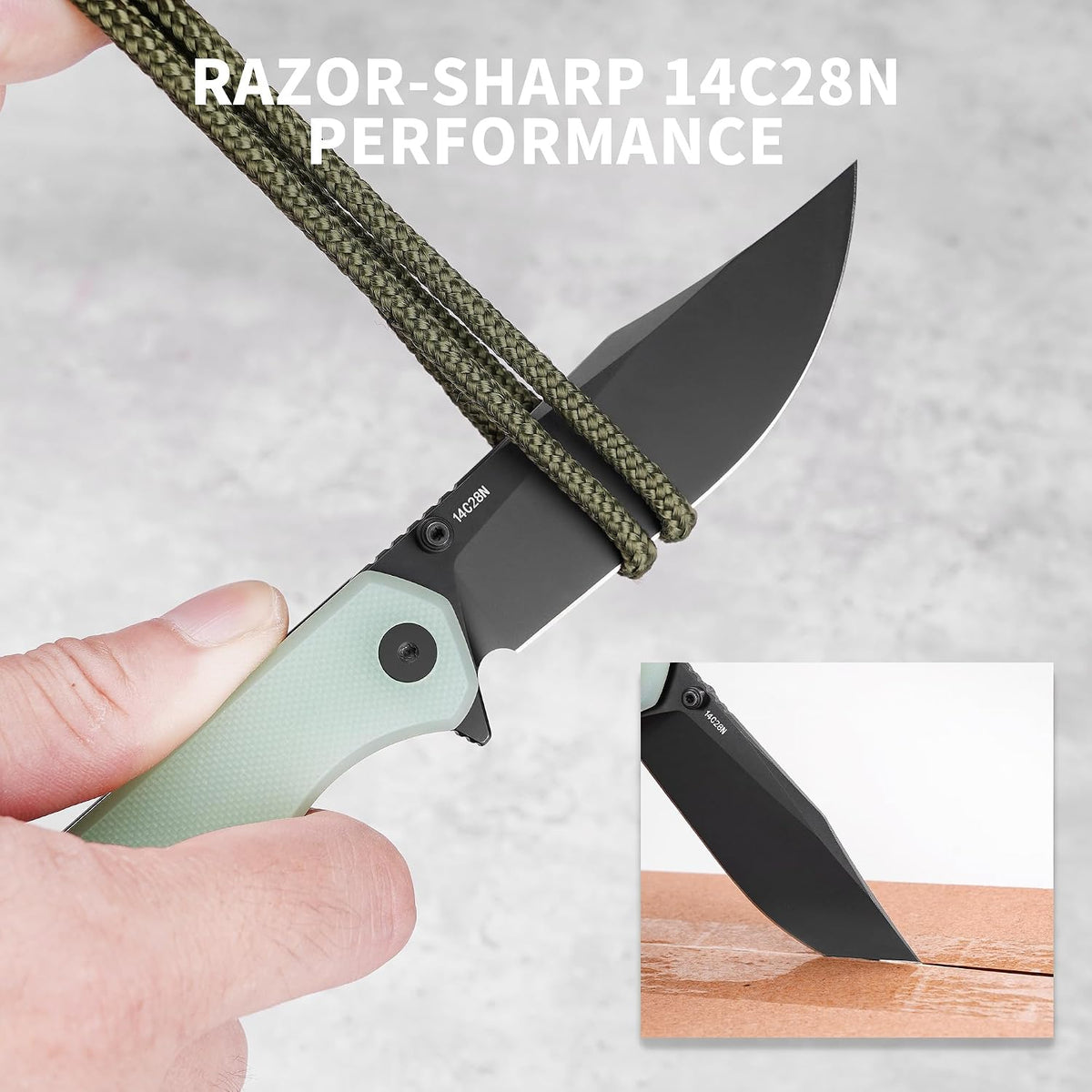 A hand holds a folding knife with a black blade and a pale green handle while paracord wraps around the blade. White text at the top reads 'RAZOR-SHARP 14C28N PERFORMANCE,' and a small inset at bottom right shows the blade cutting through wood.