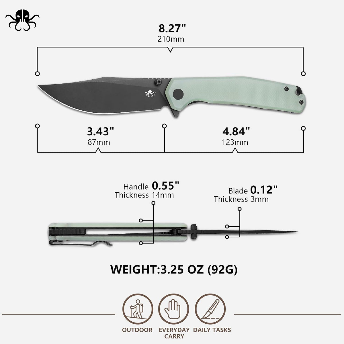A product dimension diagram showing a folding knife from two angles with measurements for blade length, handle width, handle thickness, and blade thickness. The knife has a black blade and a pale mint green handle.