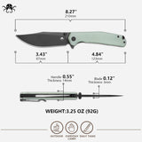 A product dimension diagram showing a folding knife from two angles with measurements for blade length, handle width, handle thickness, and blade thickness. The knife has a black blade and a pale mint green handle.