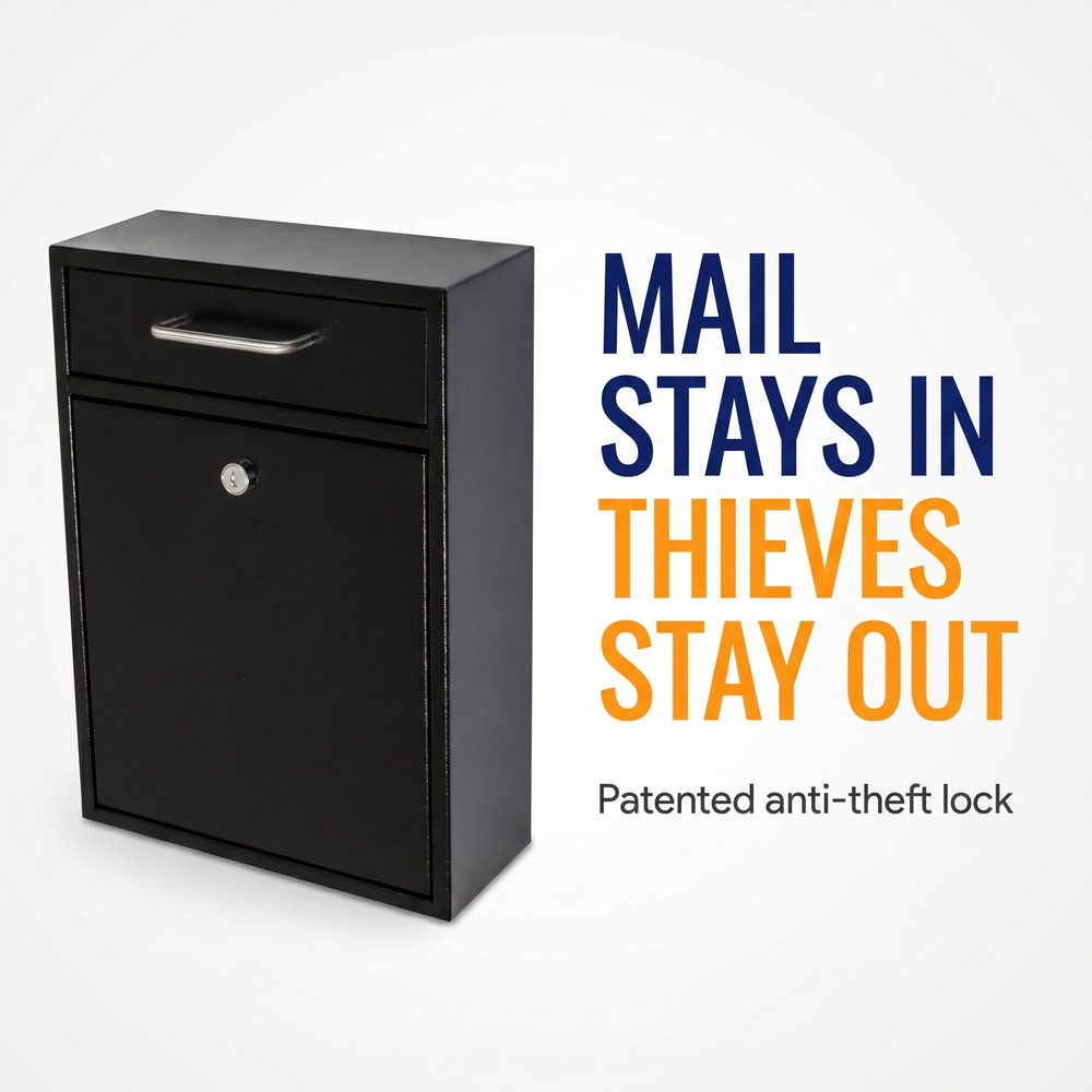 mail-boss-locking-security-drop-mailbox-safe-black Mail Stays In. Thieves Stay Out.