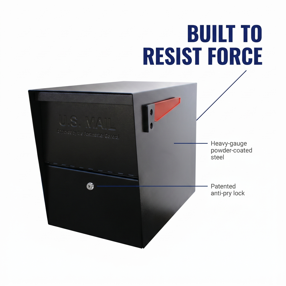 mail-boss-package-master-locking-mailbox-safe-black Steel Construction, Anti-Pry Design