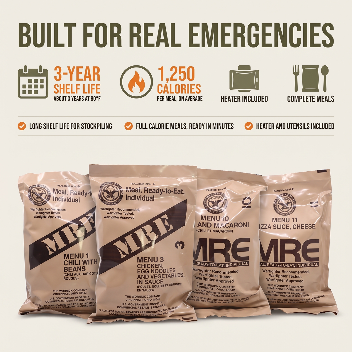 Four MRE meal pouches displayed against a light beige background with promotional text above reading 'BUILT FOR REAL EMERGENCIES' and feature callouts including 3-year shelf life, 1,250 calories per meal, heater included, and complete meals.