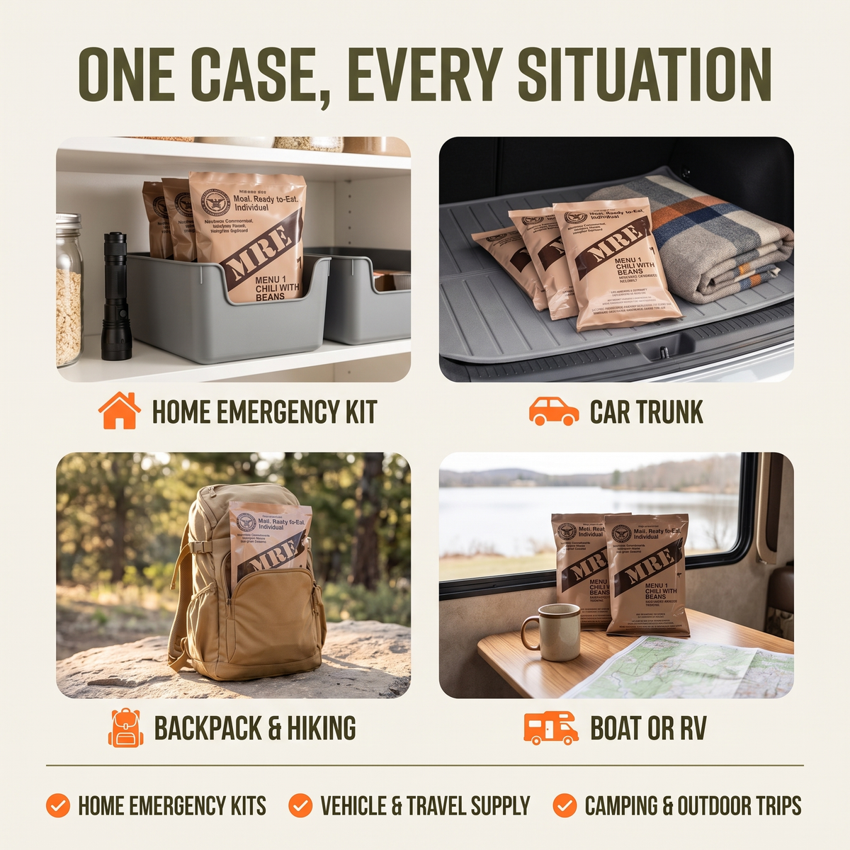 A promotional infographic showing a MRE-style food storage case in four use scenarios: home emergency kit, car trunk, backpack & hiking, and boat or RV. The top text reads 'ONE CASE, EVERY SITUATION.